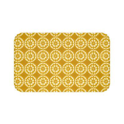 Japanese Shibori Bath Mat - Mustard + White Tie-Dye Pattern, Boho Bathroom Rug, Non-Slip, Spa Bathroom Decor