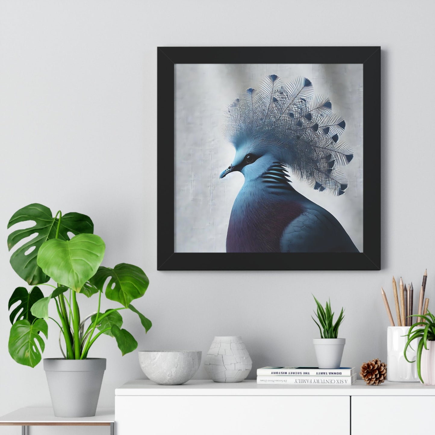 Elegant Framed Horizontal Poster of Crowned Pigeon Art