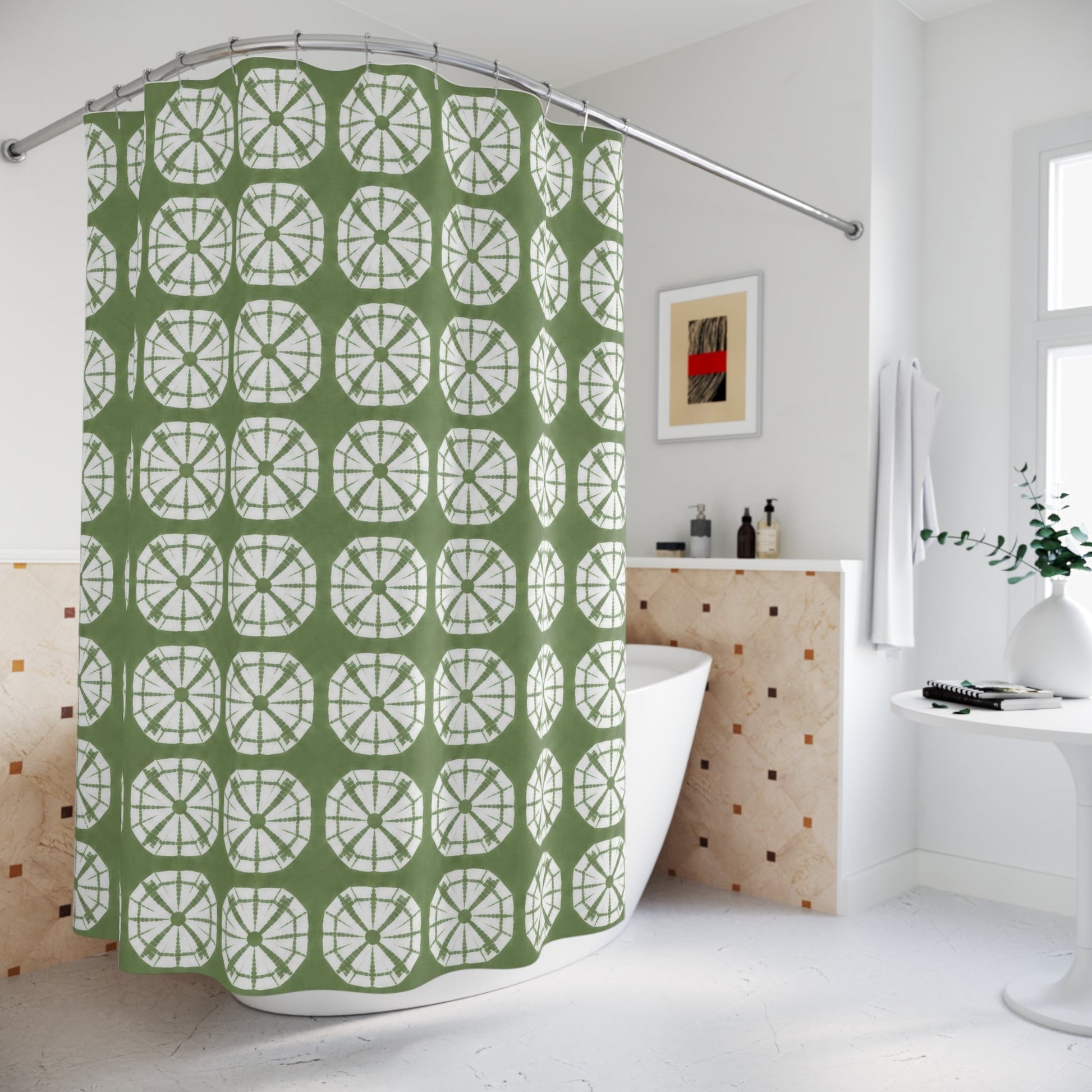 Japanese Shibori Shower Curtain - Sage Green + White Tie-Dye Pattern, Boho Bathroom Decor, Artisan Style, Water Resistant