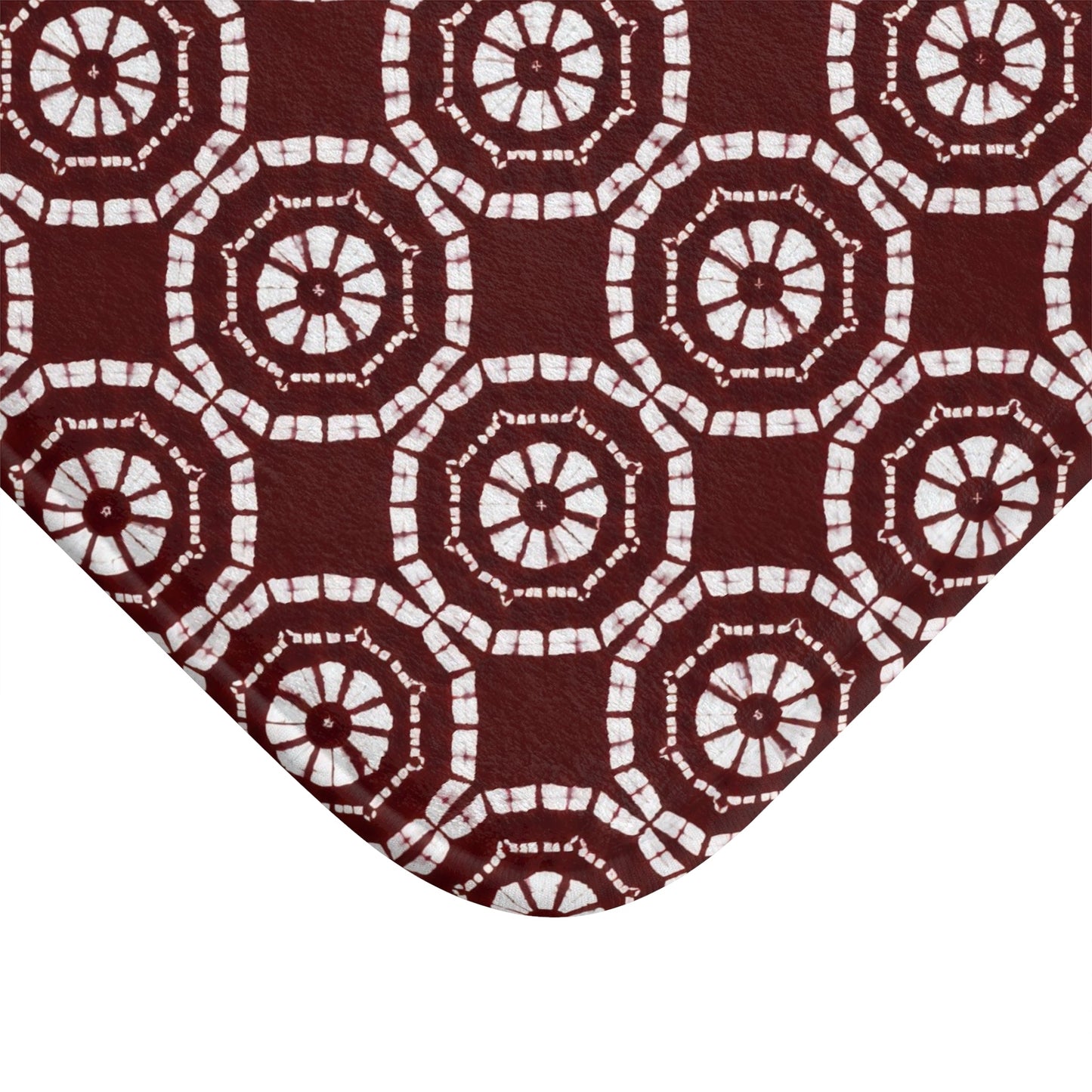 Japanese Shibori Bath Mat - Burgundy + White Tie-Dye Pattern, Boho Bathroom Rug, Non-Slip, Spa Bathroom Decor