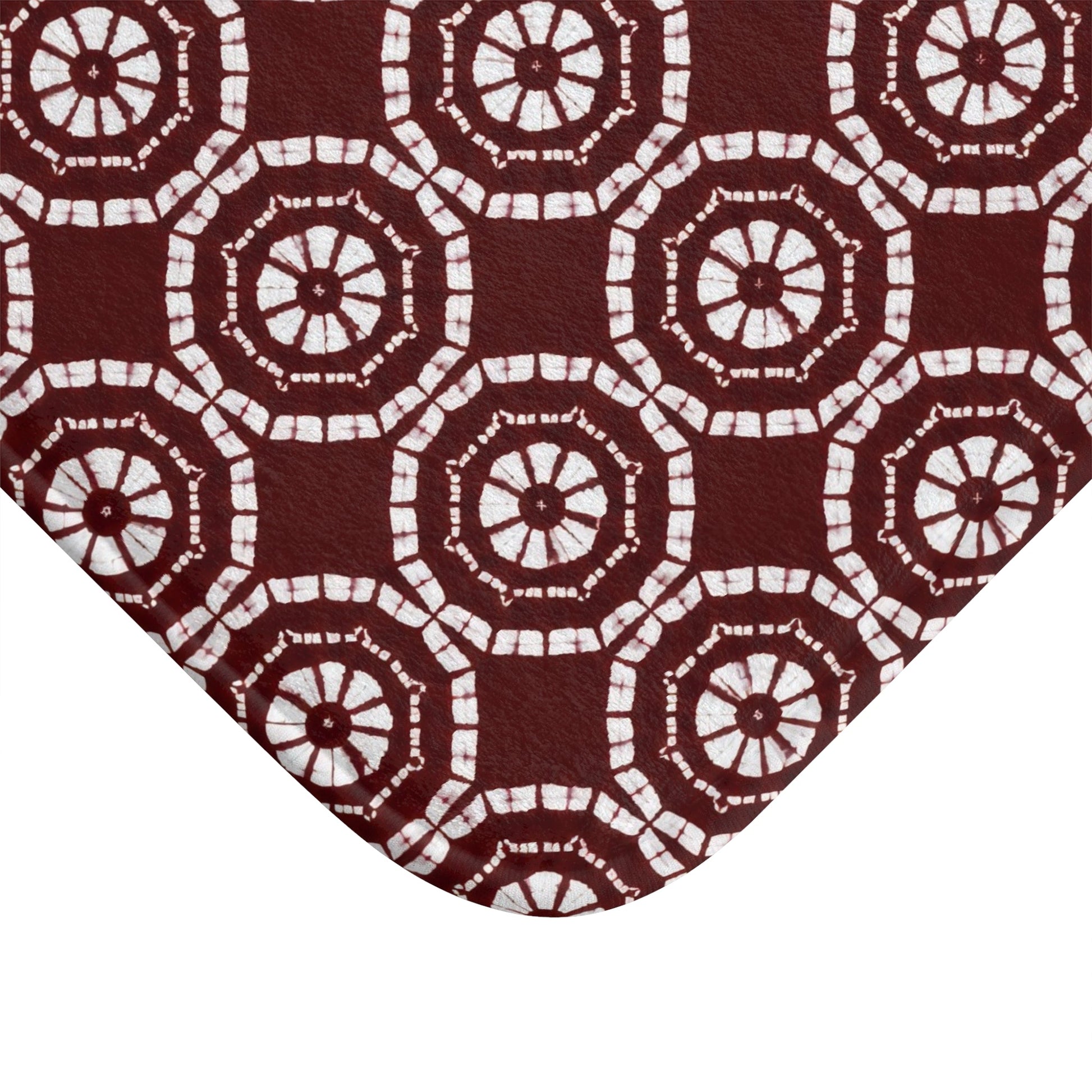 Japanese Shibori Bath Mat - Burgundy + White Tie-Dye Pattern, Boho Bathroom Rug, Non-Slip, Spa Bathroom Decor