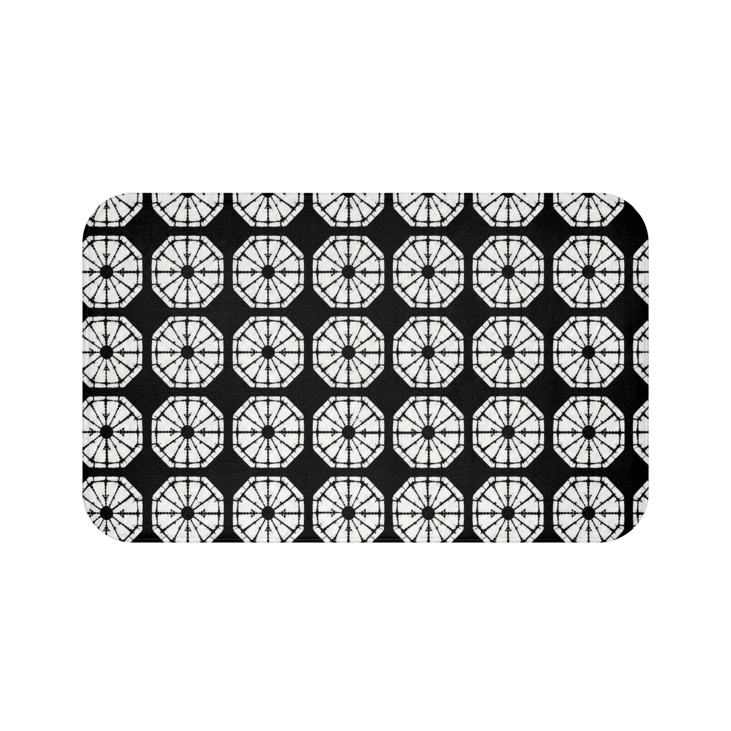 Japanese Shibori Bath Mat - Black + White Tie-Dye Pattern, Boho Bathroom Rug, Non-Slip, Spa Bathroom Decor