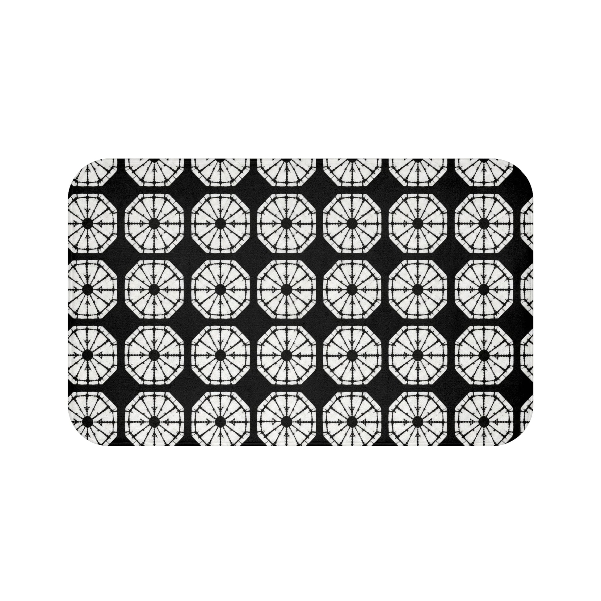 Japanese Shibori Bath Mat - Black + White Tie-Dye Pattern, Boho Bathroom Rug, Non-Slip, Spa Bathroom Decor