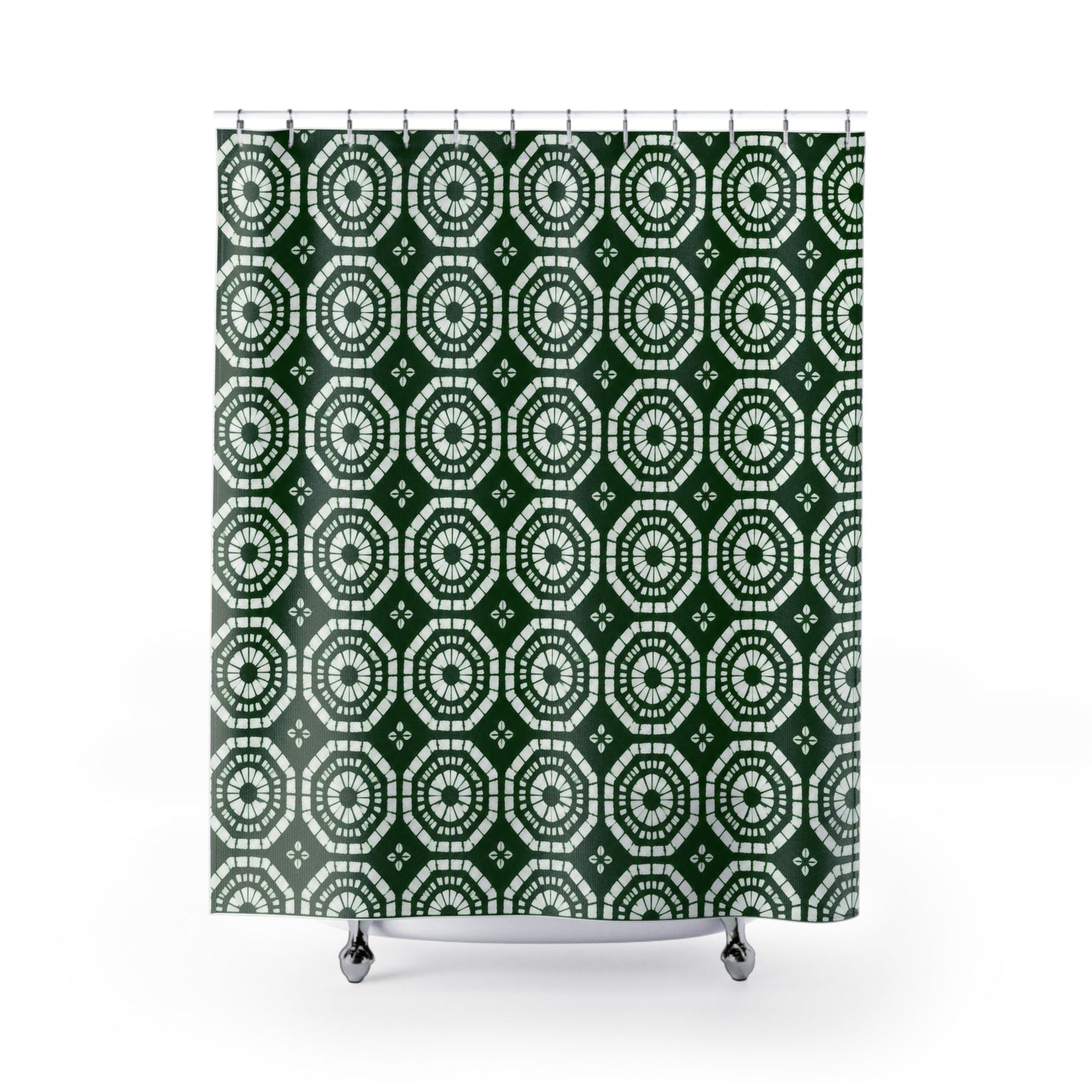 Japanese Shibori Shower Curtain - Forest Green + White Tie-Dye Pattern, Boho Bathroom Decor, Artisan Style, Water Resistant