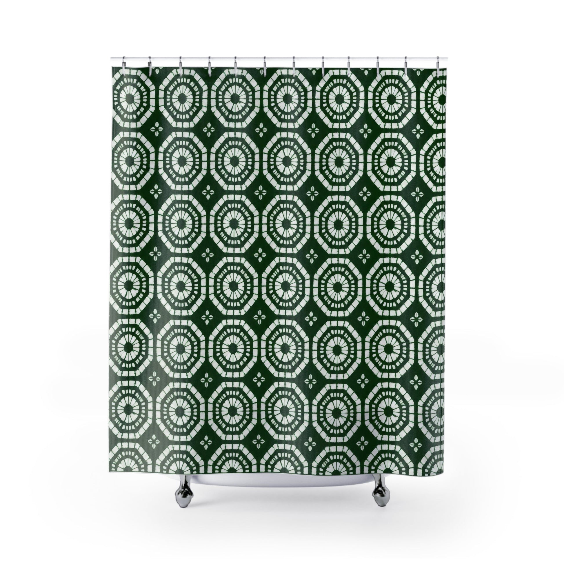 Japanese Shibori Shower Curtain - Forest Green + White Tie-Dye Pattern, Boho Bathroom Decor, Artisan Style, Water Resistant