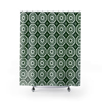 Japanese Shibori Shower Curtain - Forest Green + White Tie-Dye Pattern, Boho Bathroom Decor, Artisan Style, Water Resistant