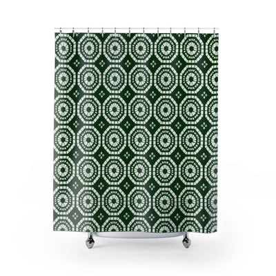 Japanese Shibori Shower Curtain - Forest Green + White