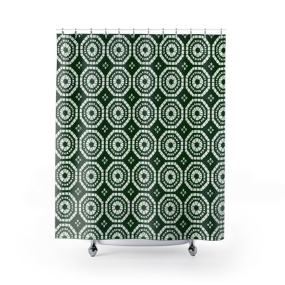 Japanese Shibori Shower Curtain - Forest Green + White Tie-Dye Pattern, Boho Bathroom Decor, Artisan Style, Water Resistant