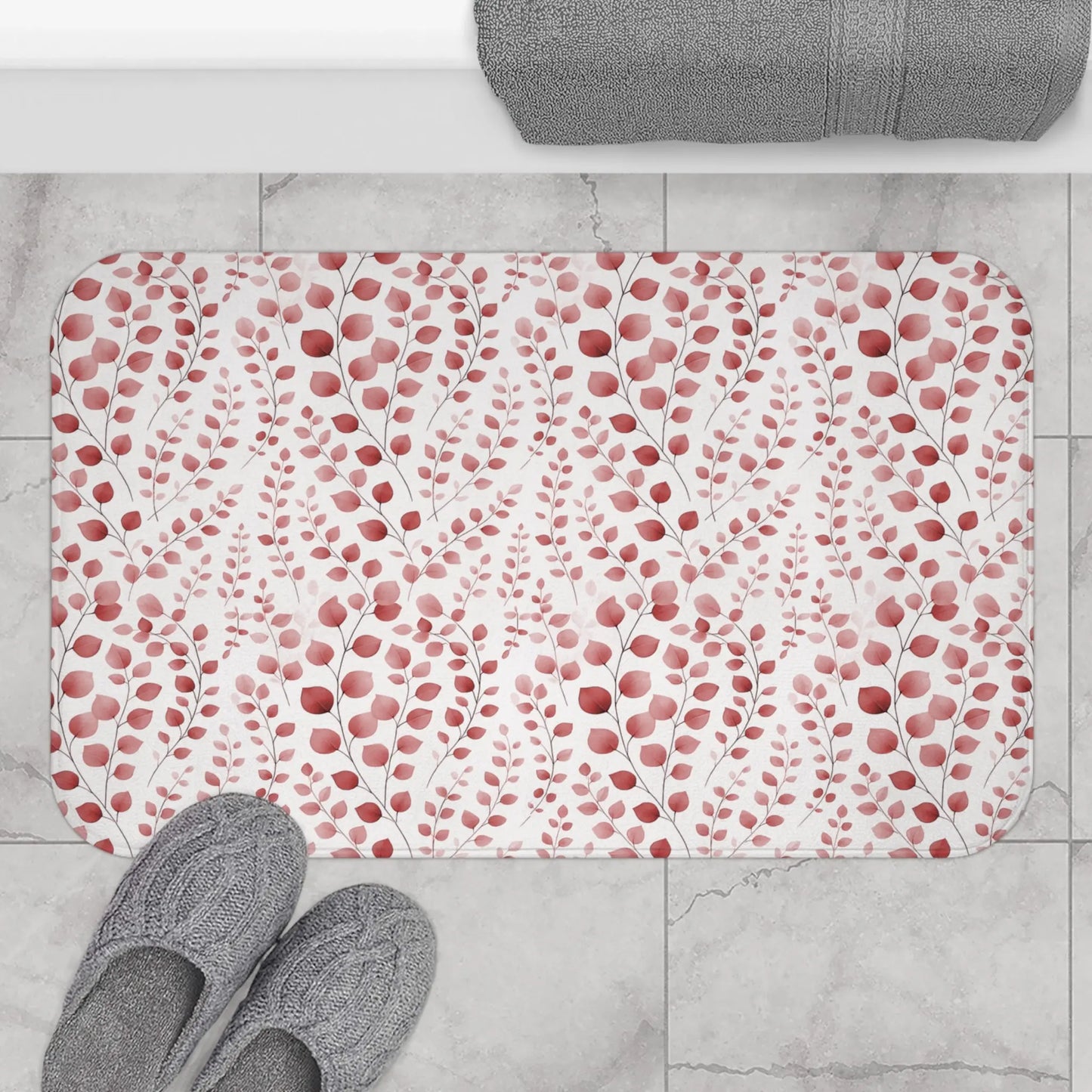 Red Botanical Print Bath Mat