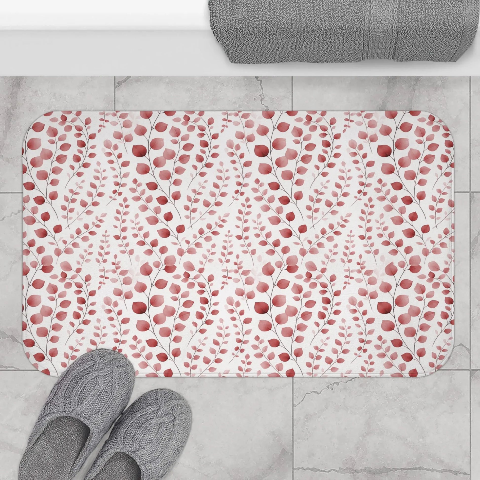 Red Botanical Print Bath Mat