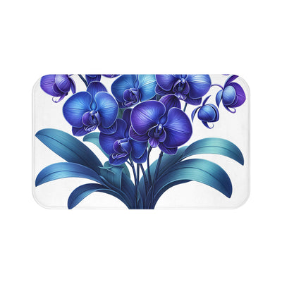Elegant Orchid Bath Mat with Vibrant Blue Floral Design