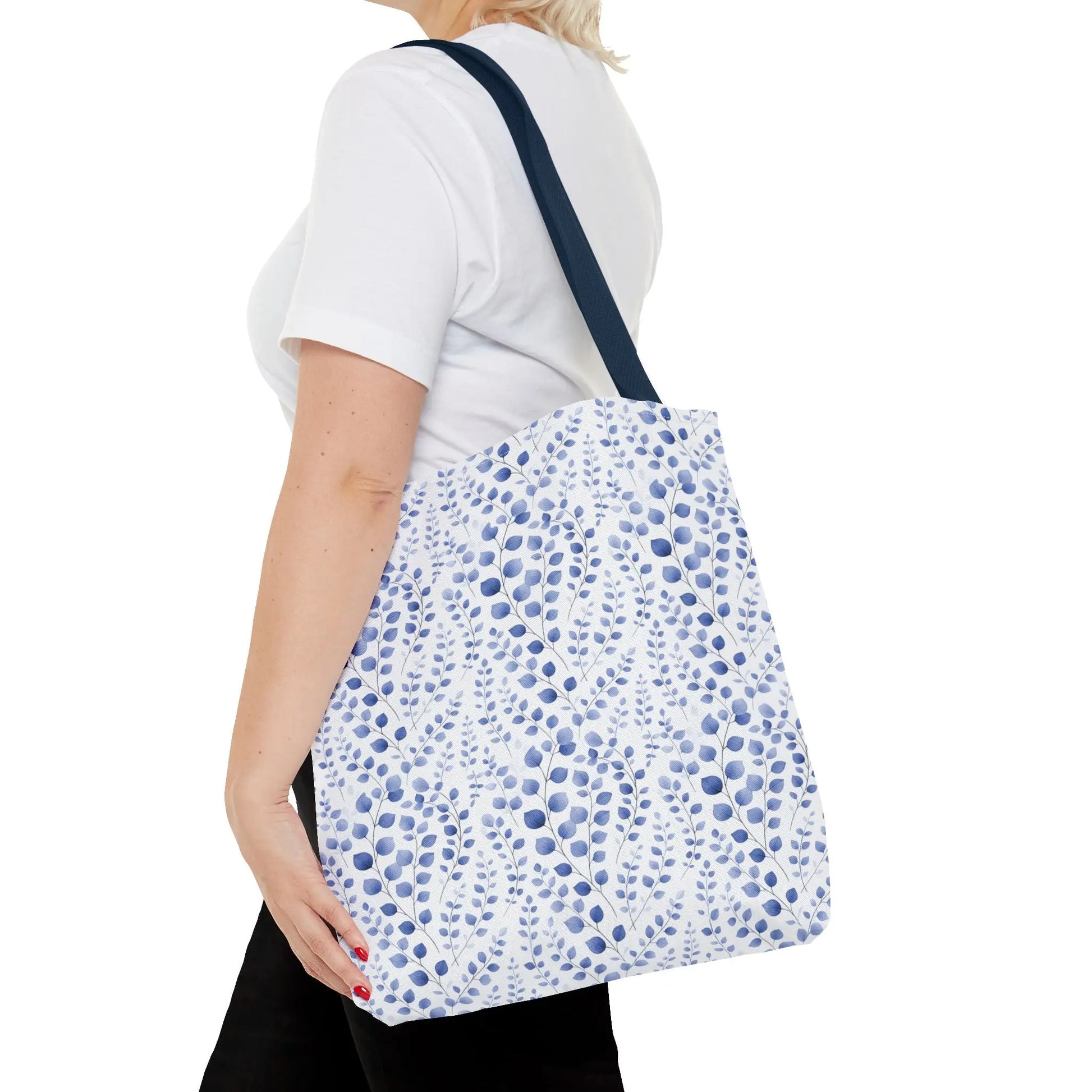 Blue Watercolor Dot Leaf Pattern Tote Bag