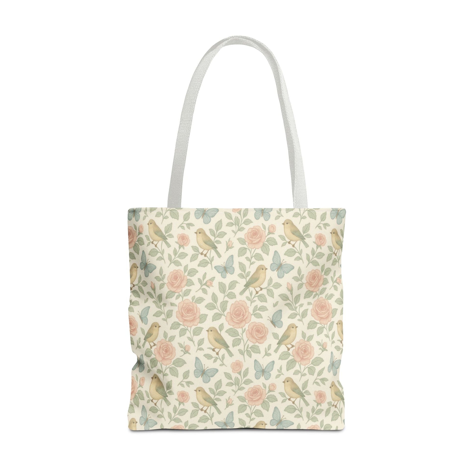 Vintage Rose & Bird Tote Bag — floral botanical print with roses and songbirds
