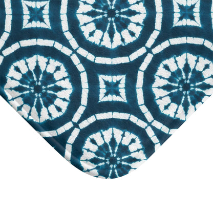 Japanese Shibori Bath Mat - Teal + White Tie-Dye Pattern, Boho Bathroom Rug, Non-Slip, Spa Bathroom Decor
