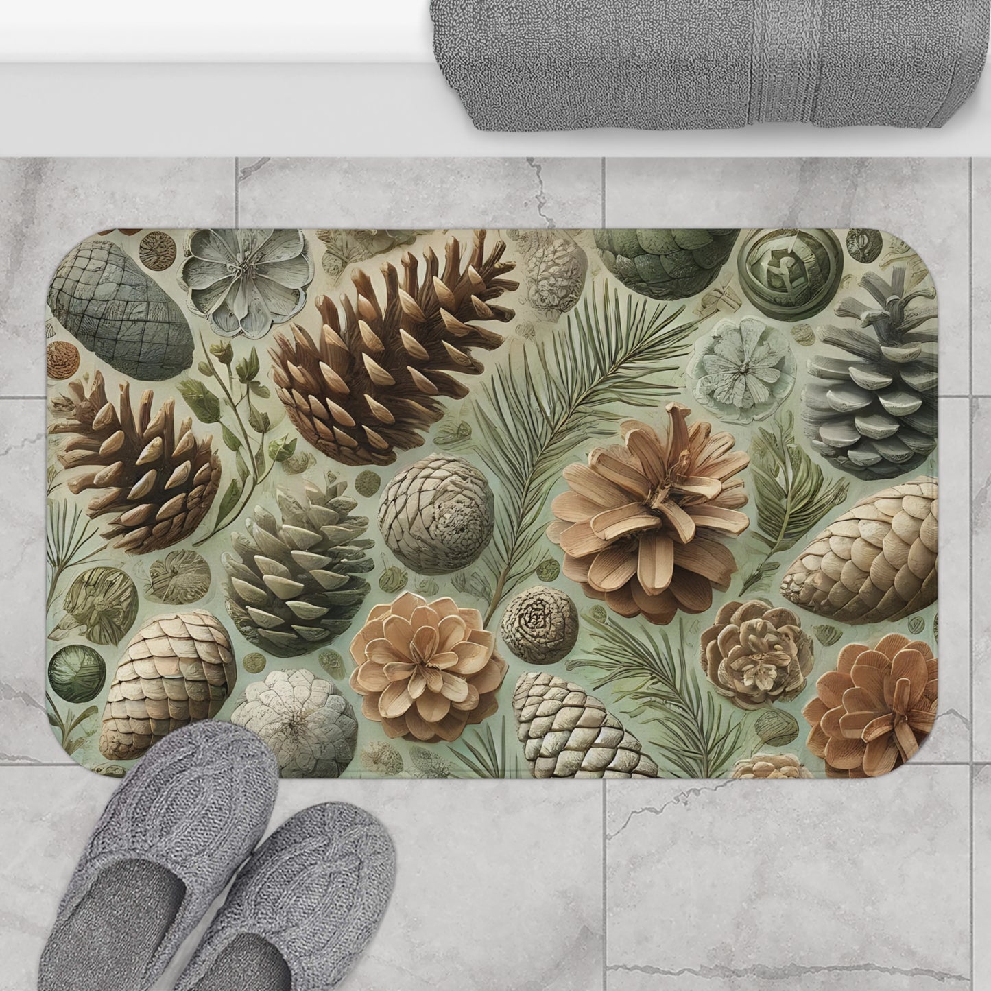 Nature-Inspired Bath Mat with Pinecones