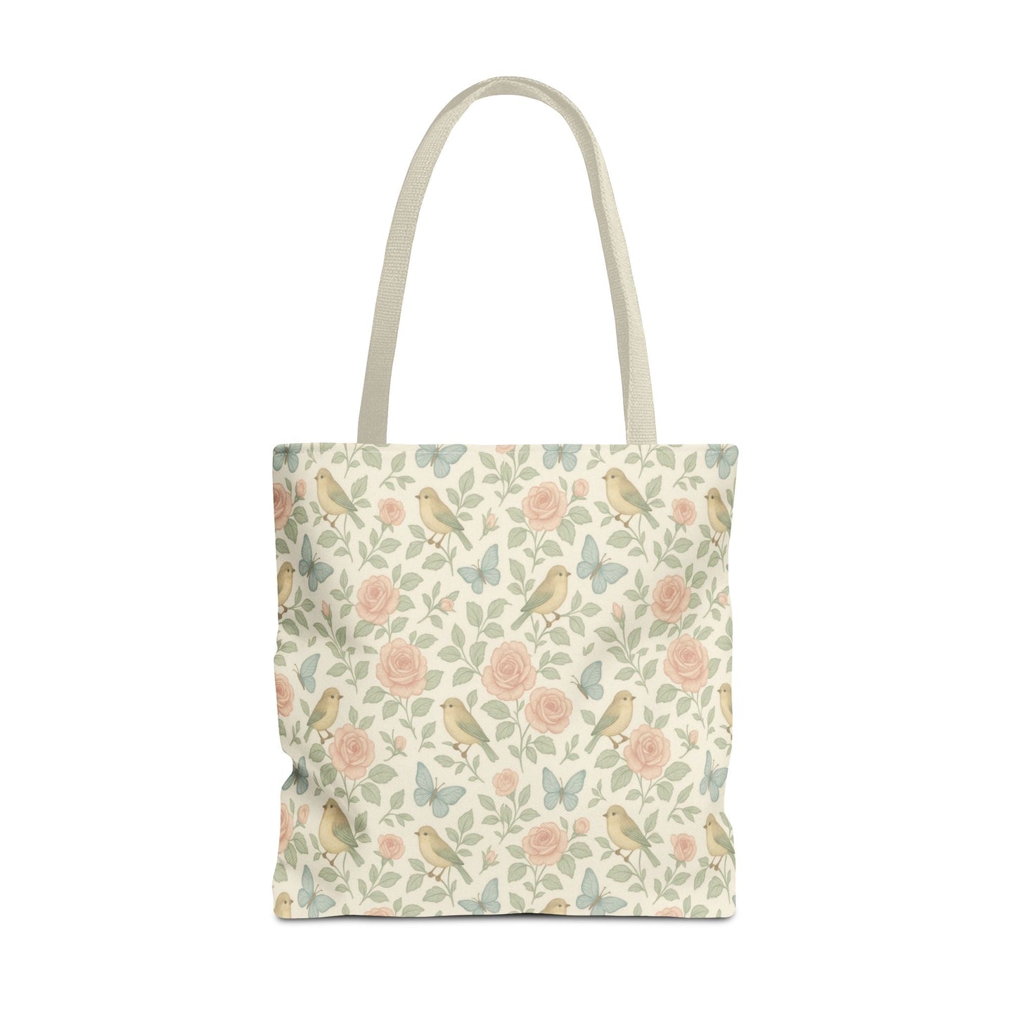 Vintage Rose & Bird Tote Bag — side view showing handle colors
