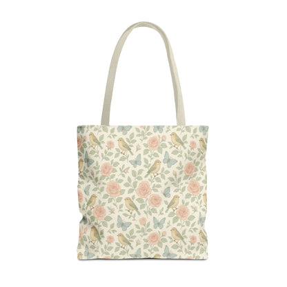 Vintage Rose & Bird Tote Bag — side view showing handle colors