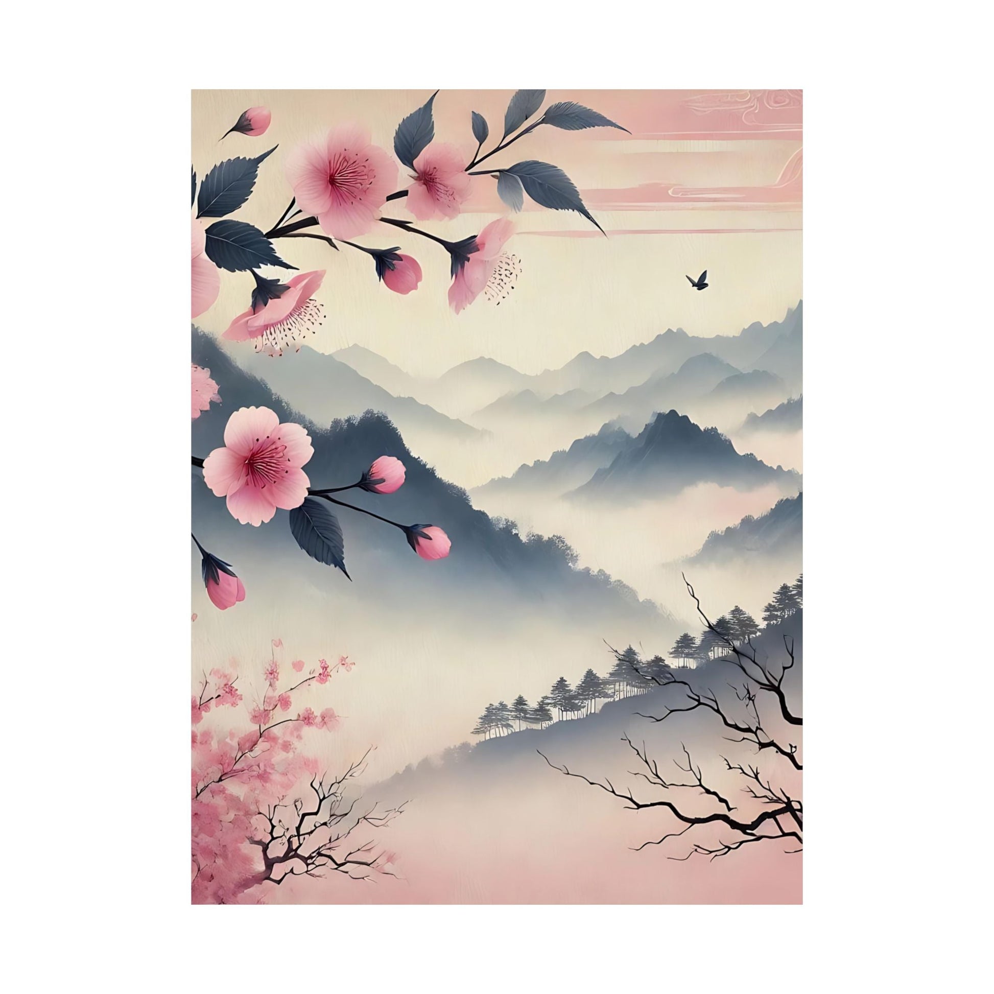 Cherry Blossom Mountain Art Poster