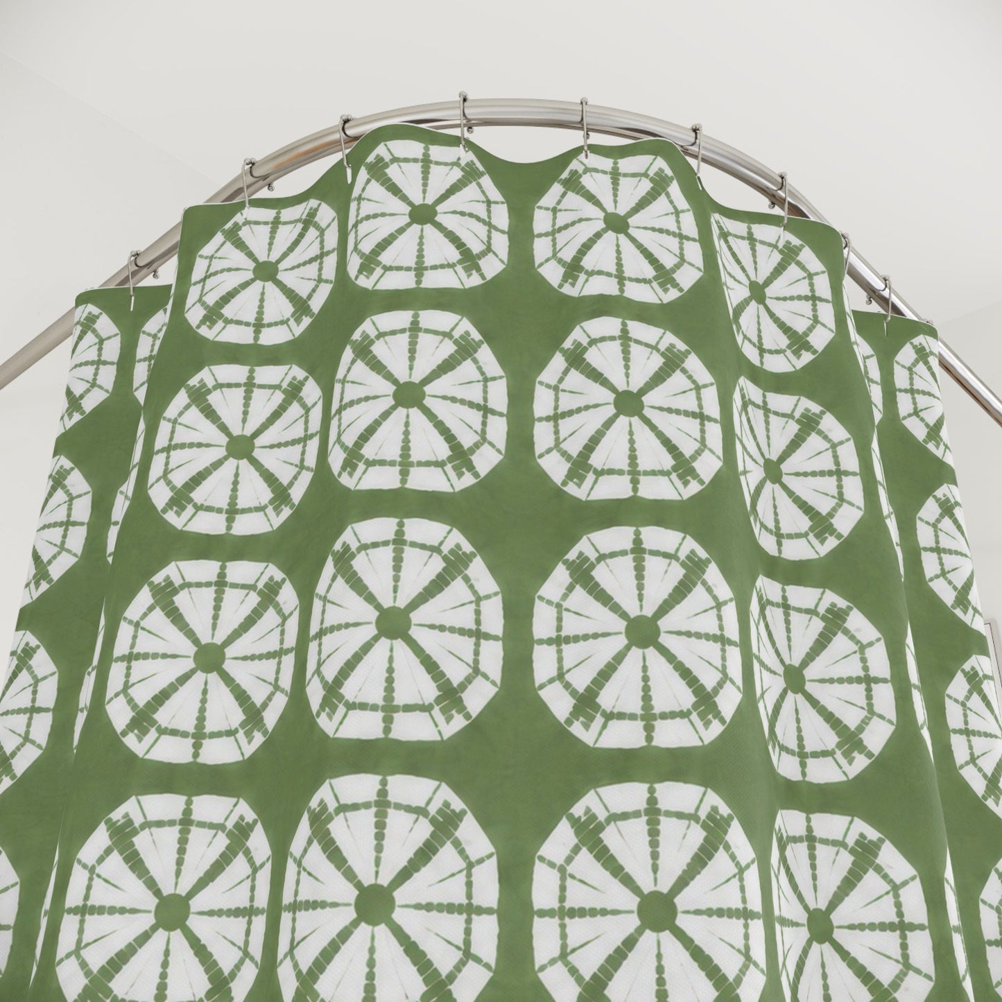 Japanese Shibori Shower Curtain - Sage Green + White Tie-Dye Pattern, Boho Bathroom Decor, Artisan Style, Water Resistant