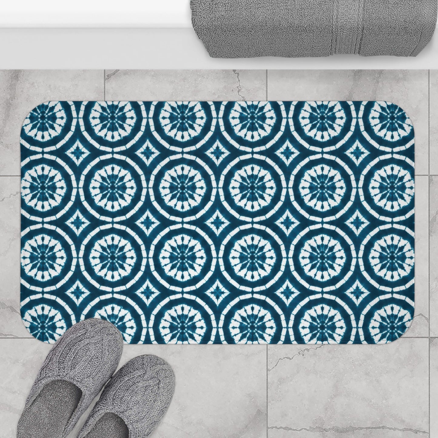Japanese Shibori Bath Mat - Teal + White Tie-Dye Pattern, Boho Bathroom Rug, Non-Slip, Spa Bathroom Decor