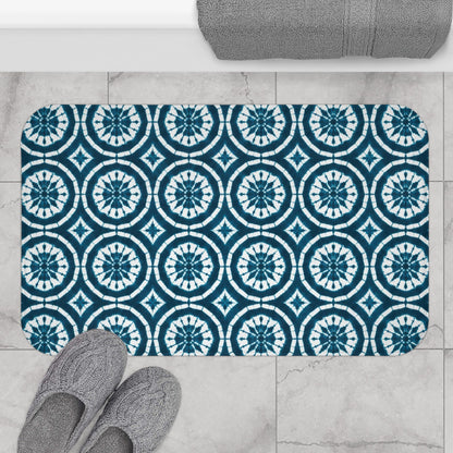 Japanese Shibori Bath Mat - Teal + White Tie-Dye Pattern, Boho Bathroom Rug, Non-Slip, Spa Bathroom Decor