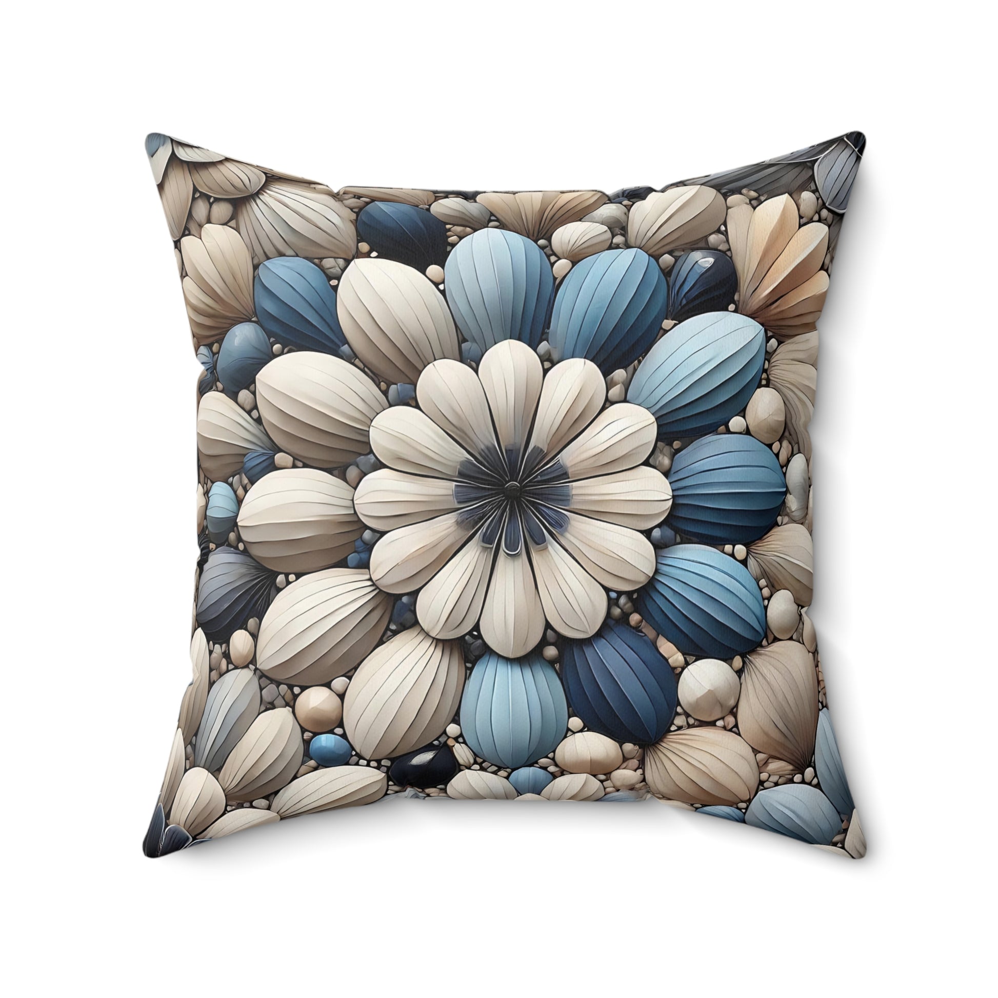 Blue and Beige Textured Floral Throw Pillow