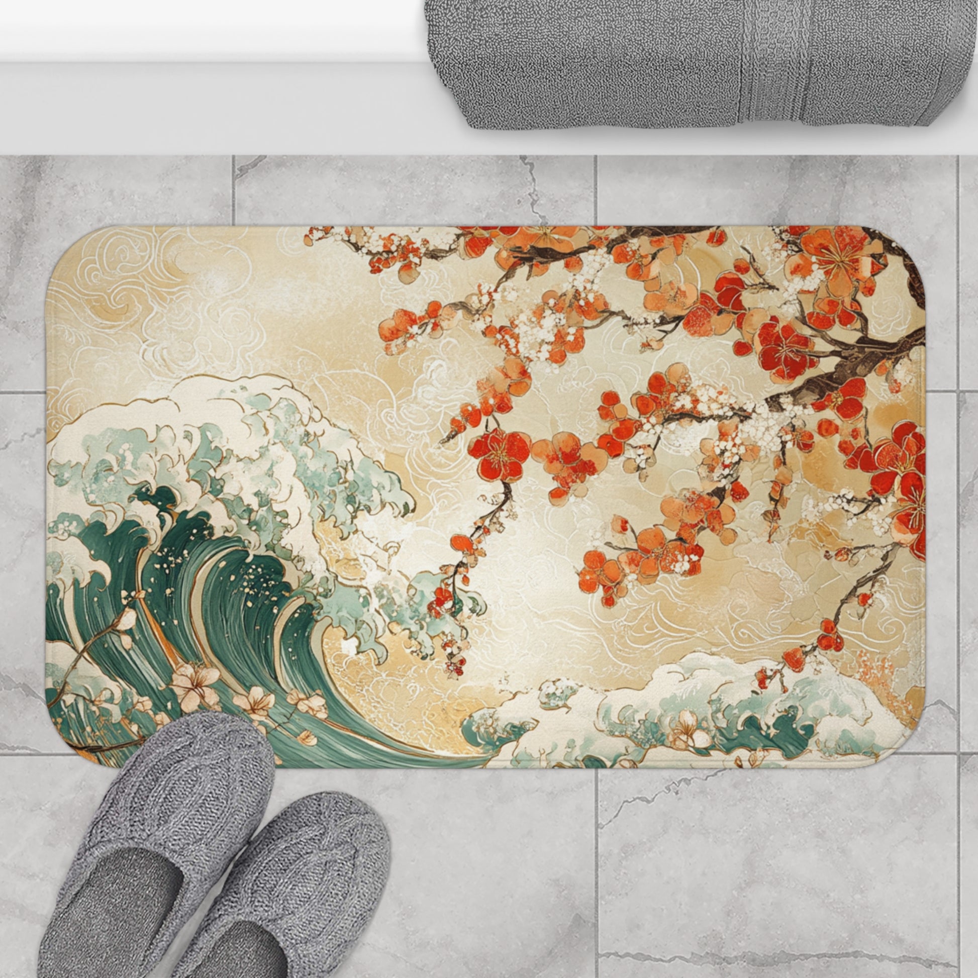 Elegant Wave & Blossom Bath Mat