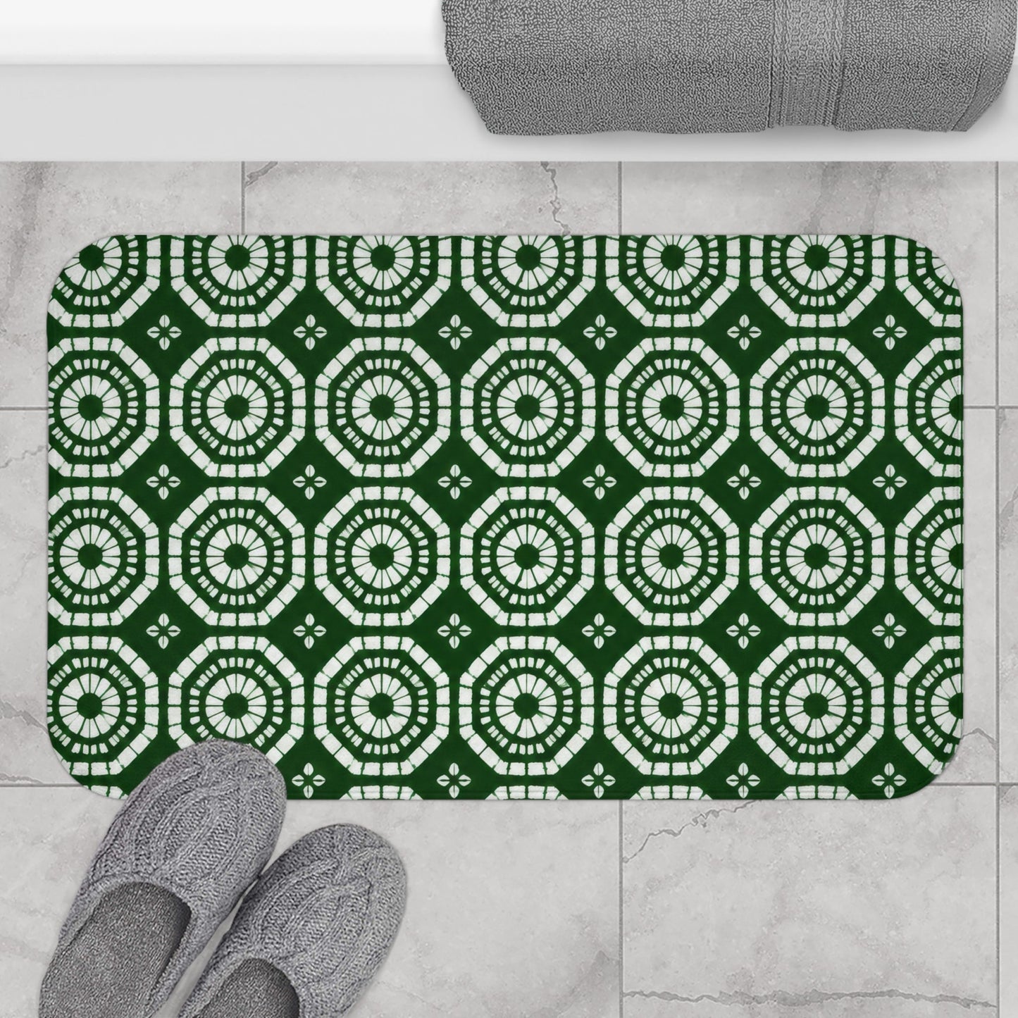 Japanese Shibori Bath Mat - Forest Green + White Tie-Dye Pattern, Boho Bathroom Rug, Non-Slip, Spa Bathroom Decor