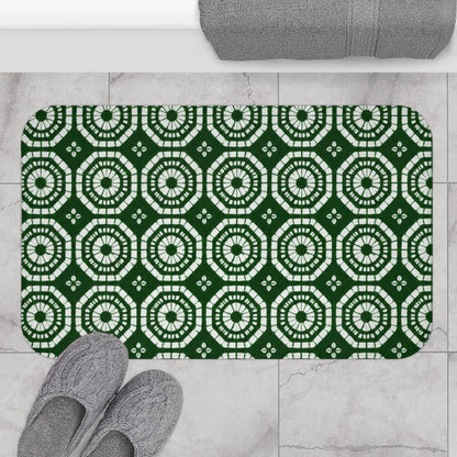 Japanese Shibori Bath Mat - Forest Green + White Tie-Dye Pattern, Boho Bathroom Rug, Non-Slip, Spa Bathroom Decor