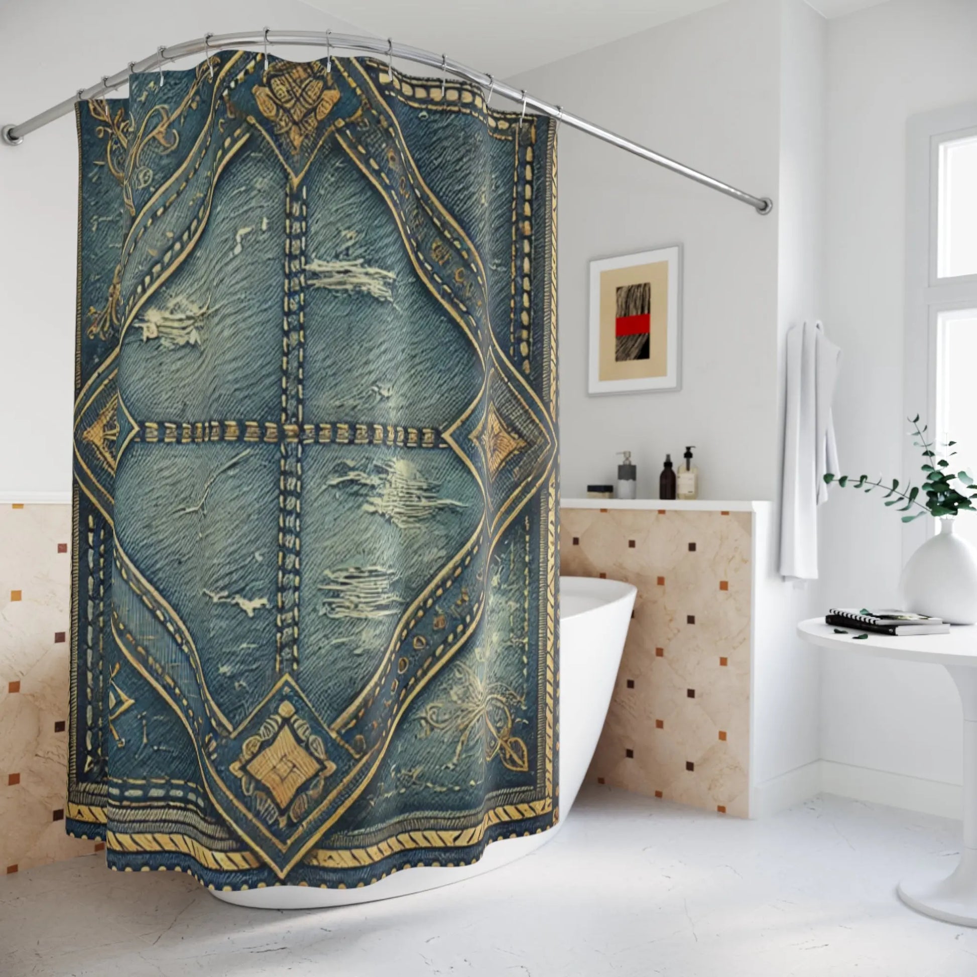 Vintage-Inspired Denmin Shower Curtain with Elegant Blue and...