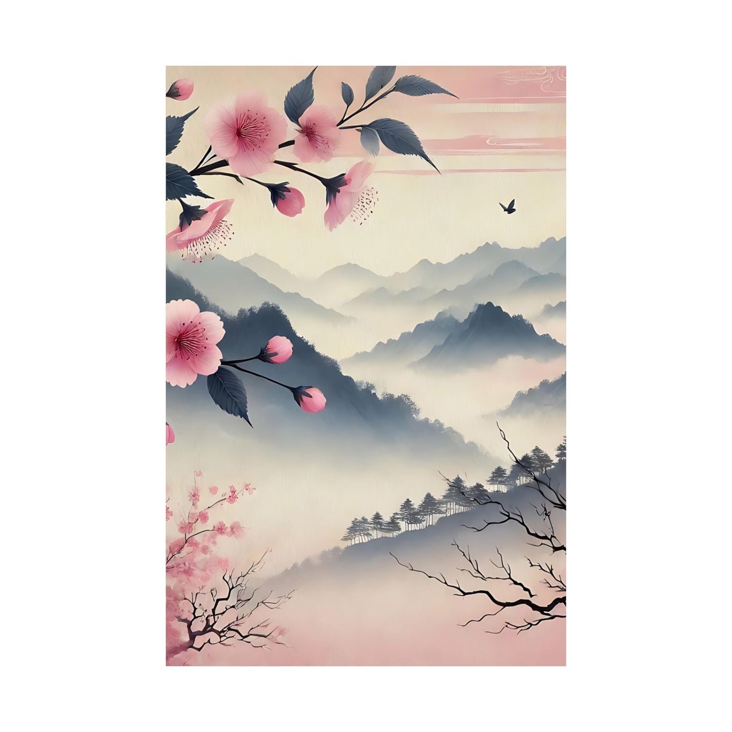 Cherry Blossom Mountain Art Poster