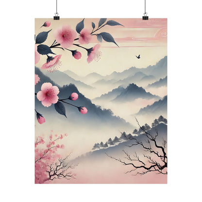 Cherry Blossom Mountain Art Poster