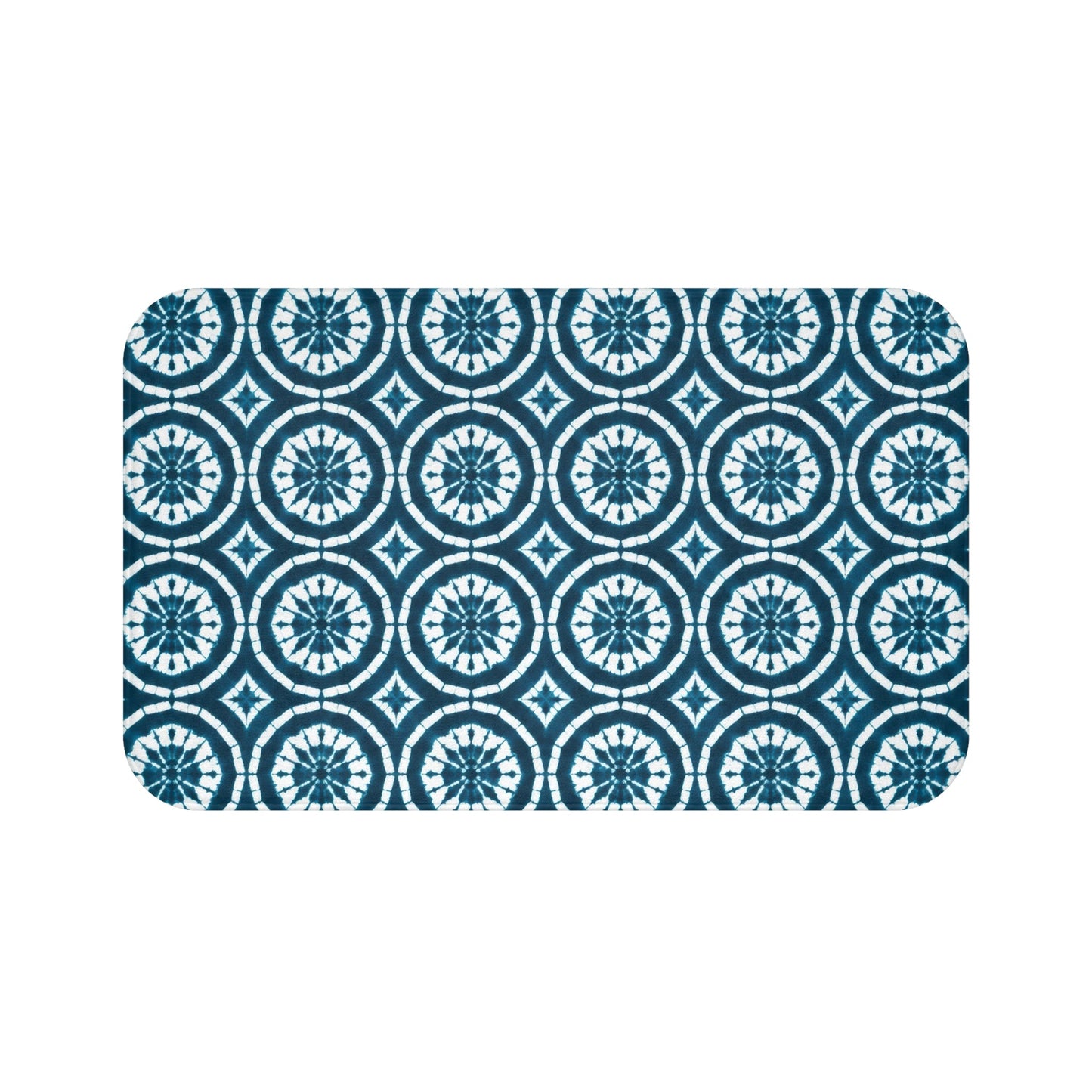 Japanese Shibori Bath Mat - Teal + White Tie-Dye Pattern, Boho Bathroom Rug, Non-Slip, Spa Bathroom Decor