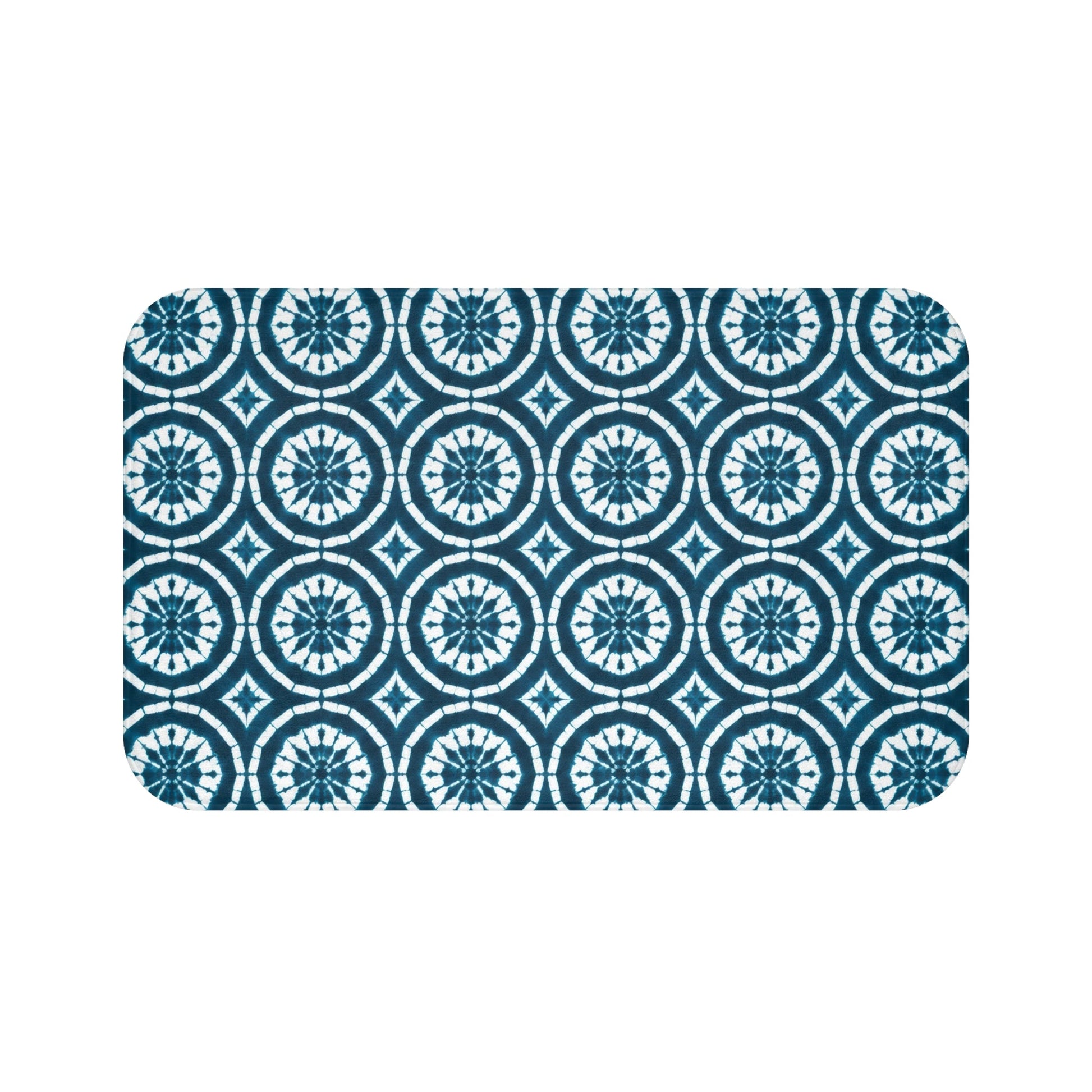 Japanese Shibori Bath Mat - Teal + White Tie-Dye Pattern, Boho Bathroom Rug, Non-Slip, Spa Bathroom Decor