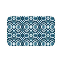 Japanese Shibori Bath Mat - Teal + White Tie-Dye Pattern, Boho Bathroom Rug, Non-Slip, Spa Bathroom Decor