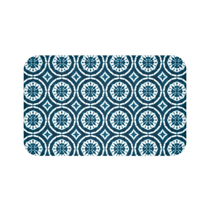 Japanese Shibori Bath Mat - Teal + White Tie-Dye Pattern, Boho Bathroom Rug, Non-Slip, Spa Bathroom Decor