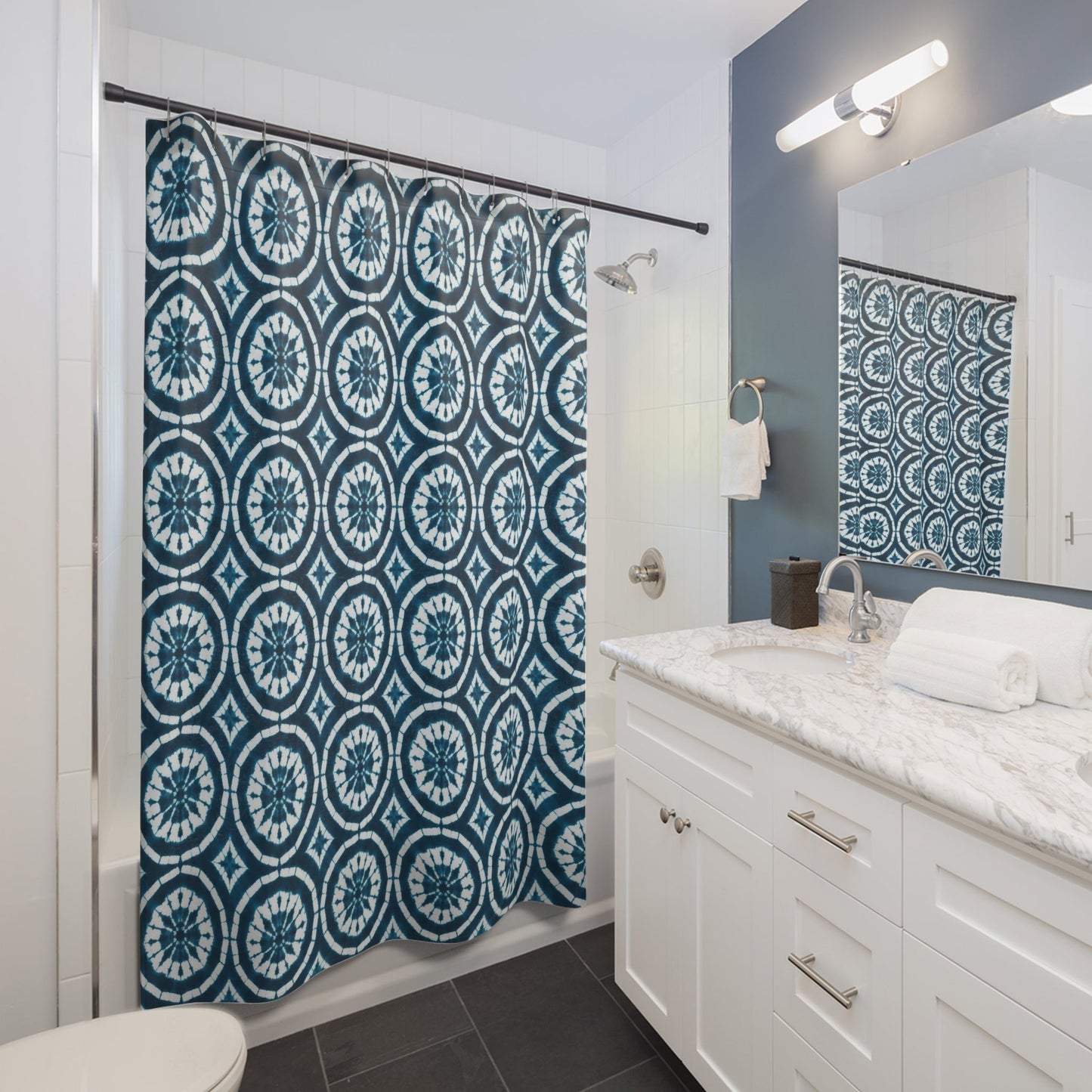 Japanese Shibori Shower Curtain - Teal + White Tie-Dye Pattern, Boho Bathroom Decor, Artisan Style, Water Resistant
