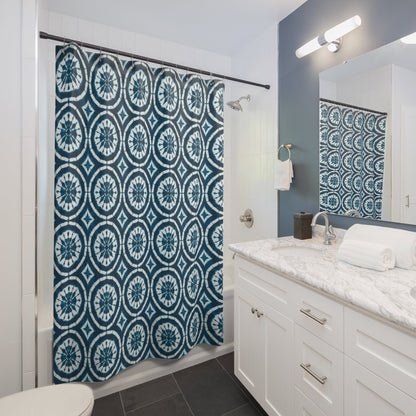 Japanese Shibori Shower Curtain - Teal + White Tie-Dye Pattern, Boho Bathroom Decor, Artisan Style, Water Resistant