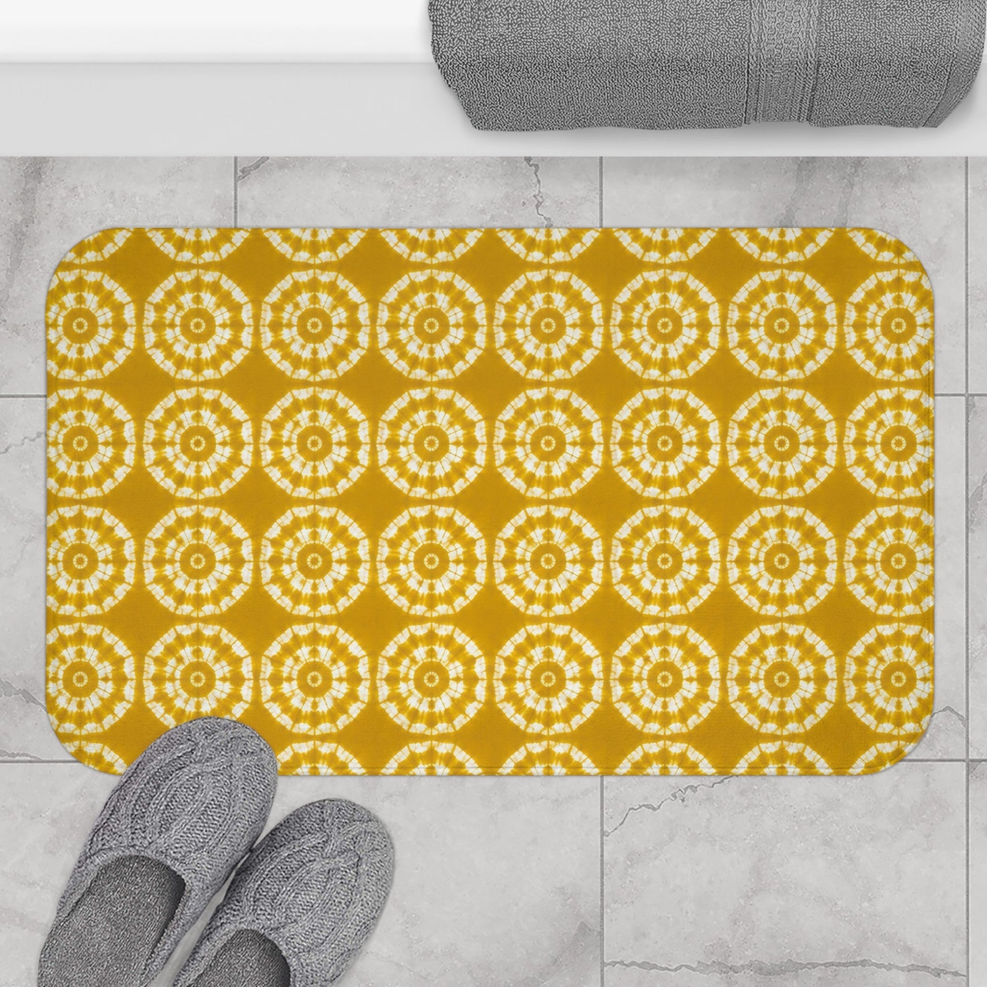 Japanese Shibori Bath Mat - Mustard + White Tie-Dye Pattern, Boho Bathroom Rug, Non-Slip, Spa Bathroom Decor