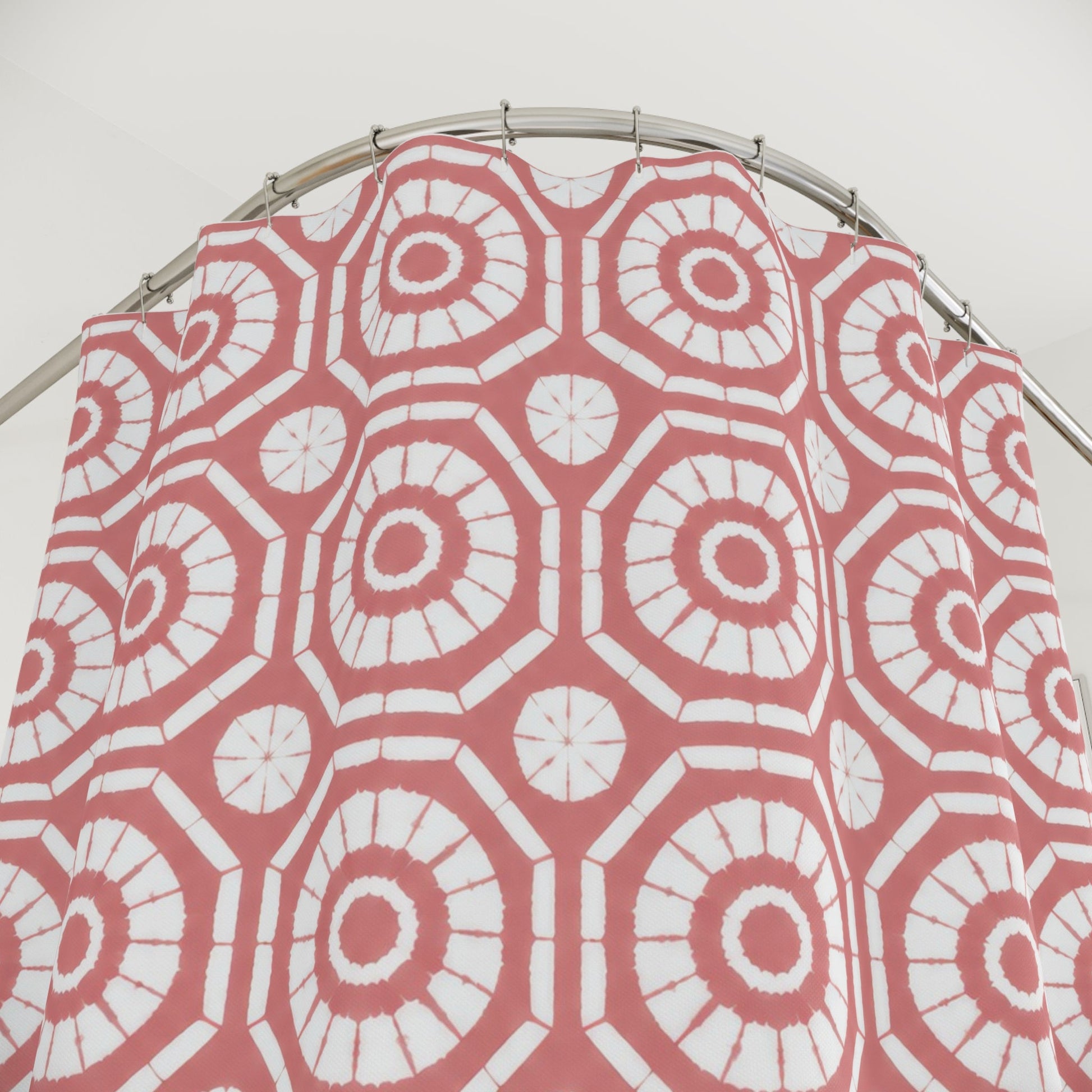 Japanese Shibori Shower Curtain - Dusty Rose + White Tie-Dye Pattern, Boho Bathroom Decor, Artisan Style, Water Resistant