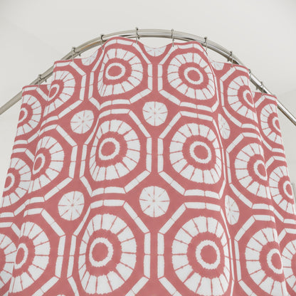 Japanese Shibori Shower Curtain - Dusty Rose + White Tie-Dye Pattern, Boho Bathroom Decor, Artisan Style, Water Resistant