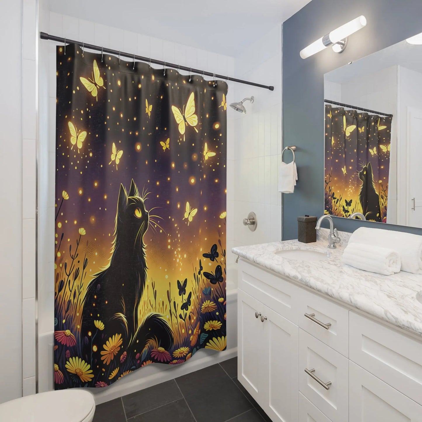Enchanted Butterfly Cat Shower Curtain