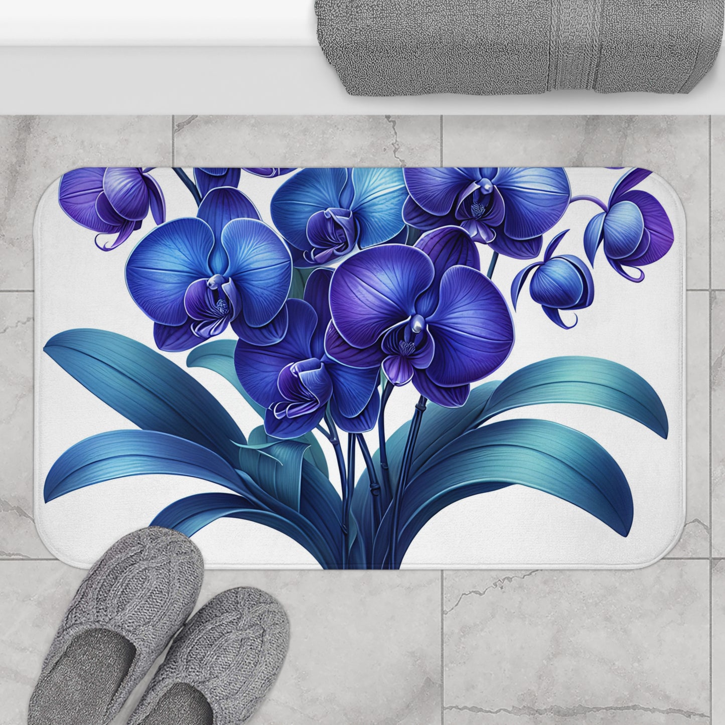 Elegant Orchid Bath Mat with Vibrant Blue Floral Design