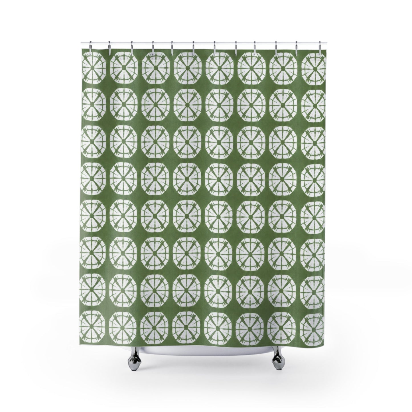 Japanese Shibori Shower Curtain - Sage Green + White Tie-Dye Pattern, Boho Bathroom Decor, Artisan Style, Water Resistant