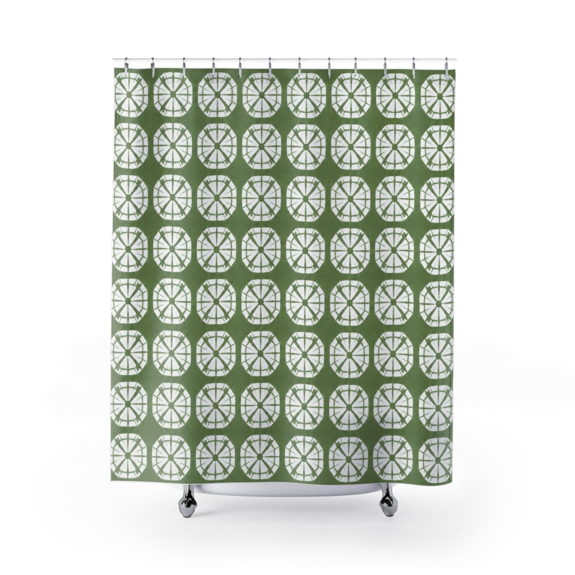 Japanese Shibori Shower Curtain - Sage Green + White Tie-Dye Pattern, Boho Bathroom Decor, Artisan Style, Water Resistant