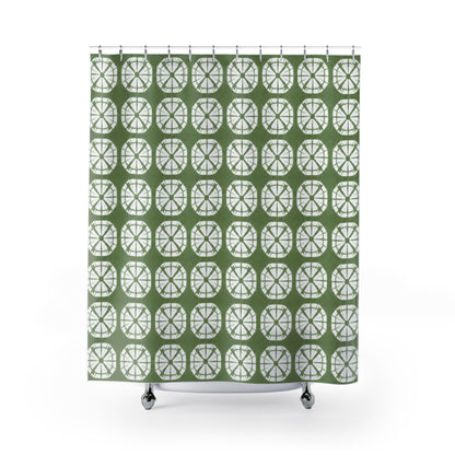 Japanese Shibori Shower Curtain - Sage Green + White Tie-Dye Pattern, Boho Bathroom Decor, Artisan Style, Water Resistant