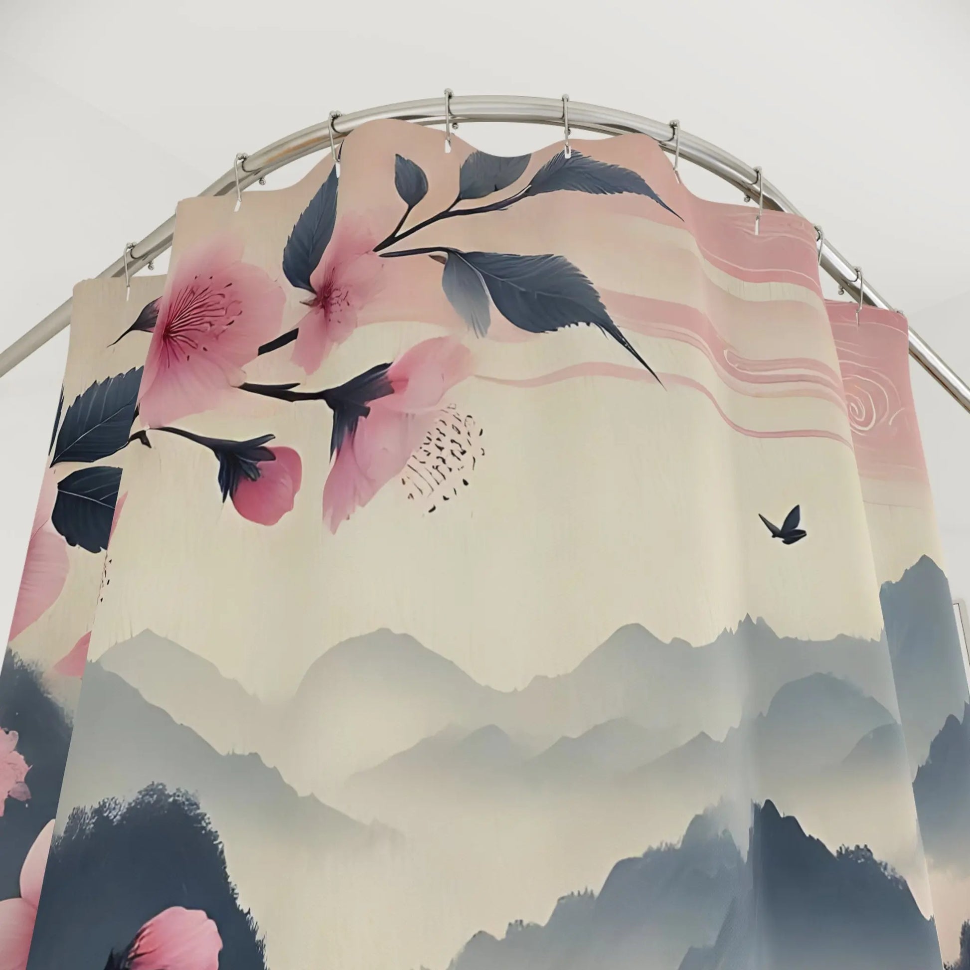 Serene Mountain Cherry Blossom Shower Curtain -...