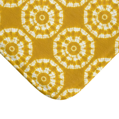 Japanese Shibori Bath Mat - Mustard + White Tie-Dye Pattern, Boho Bathroom Rug, Non-Slip, Spa Bathroom Decor