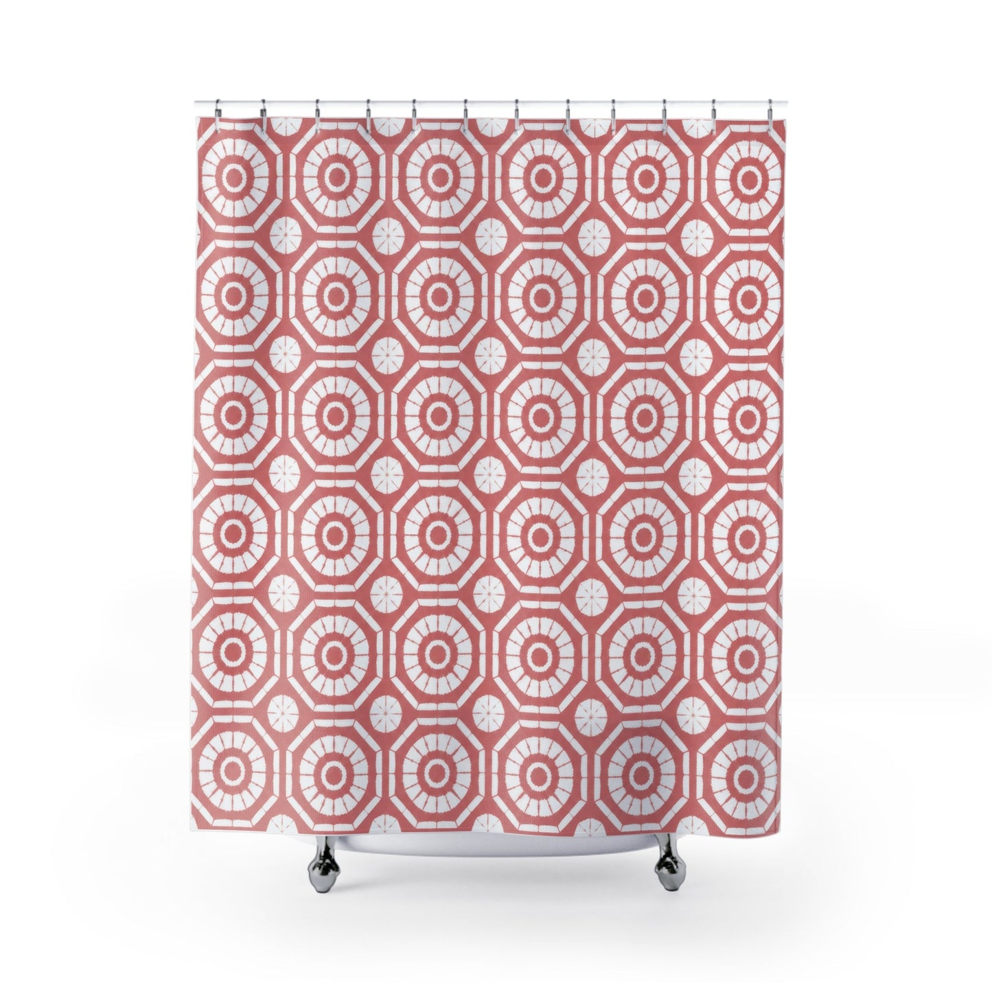 Japanese Shibori Shower Curtain - Dusty Rose + White Tie-Dye Pattern, Boho Bathroom Decor, Artisan Style, Water Resistant