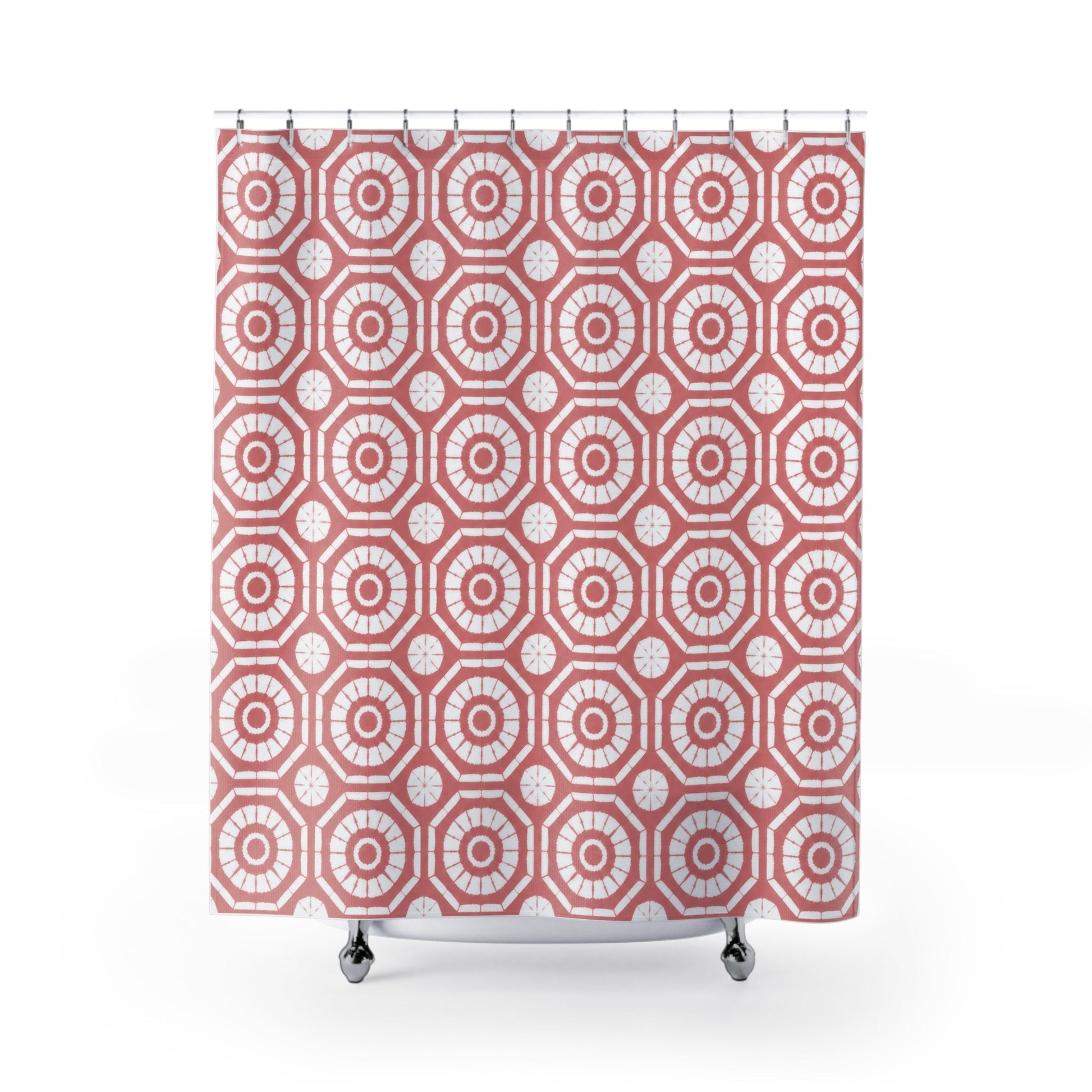 Japanese Shibori Shower Curtain - Dusty Rose + White Tie-Dye Pattern, Boho Bathroom Decor, Artisan Style, Water Resistant